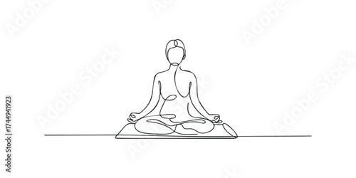 Line art person meditating in lotus pose on mat