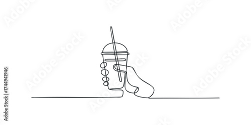 Hand holding cup with straw single line drawing