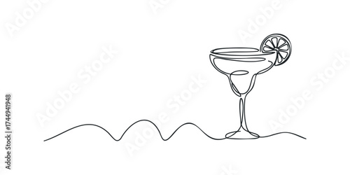 Margarita glass with lime slice one line drawing