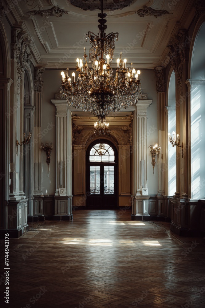 Fototapeta premium A long hallway with a chandelier beautifully hanging above