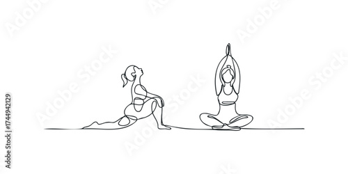Two women performing yoga poses in a continuous line drawing style