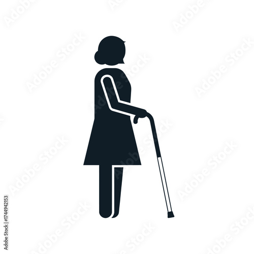 Silhouette of an elderly woman standing with a walking cane, facing away.