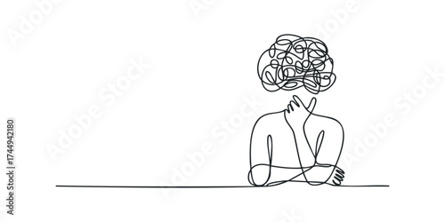 Single line drawing of a thoughtful person with a chaotic mind