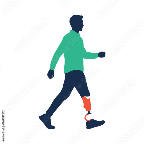 Silhouette of a man walking with a prosthetic leg, depicted in green, blue and orange colors.