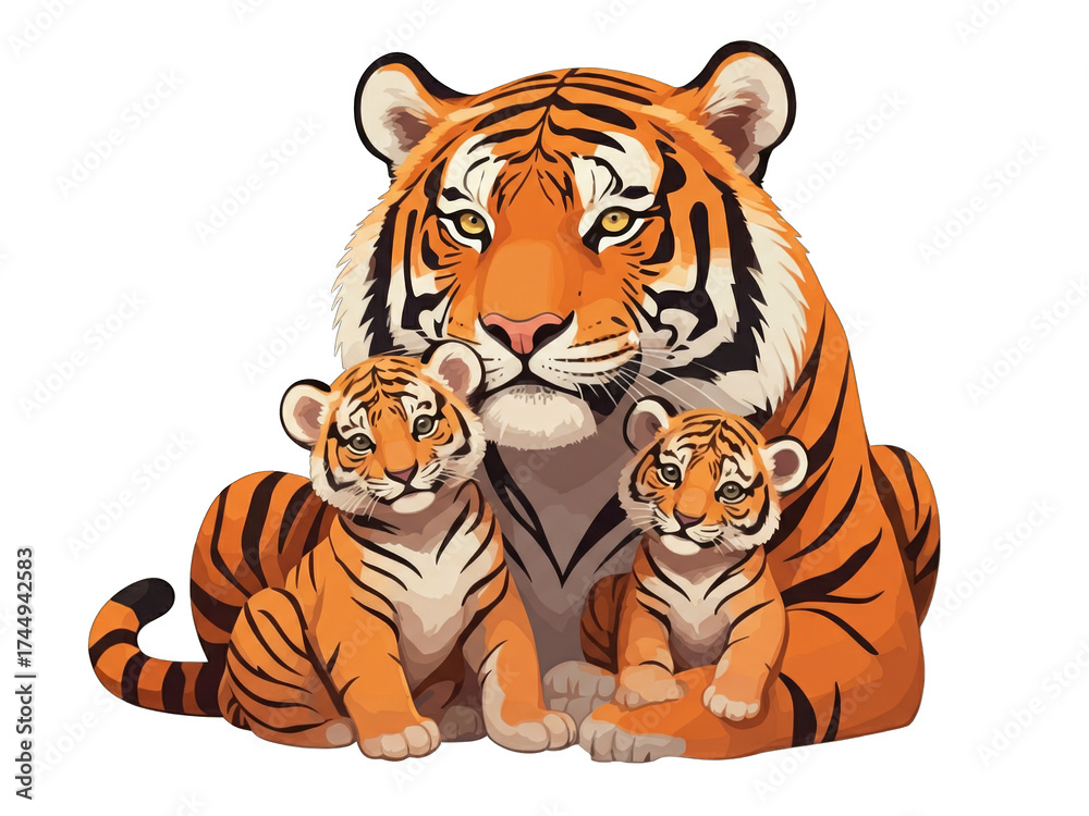 Obraz premium Mother tiger cuddling two cubs in a vibrant jungle