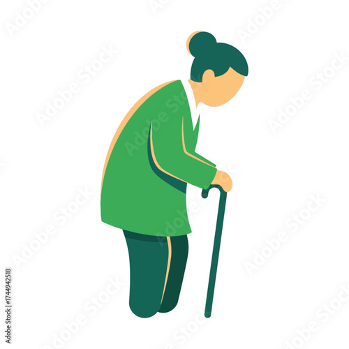 Illustration of an Elderly Woman with a Cane, Representing Age and Mobility