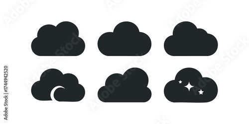 Six different cloud icon variations in black silhouette