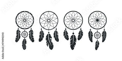 Four distinct dreamcatchers with hanging feathers