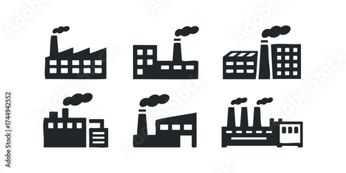 Six Silhouette Factory Building Icons With Smoke Stacks