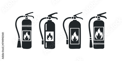 Four Fire Extinguisher Icons with Flame Symbol