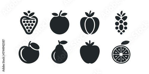 Collection of eight fruit icons with leaves