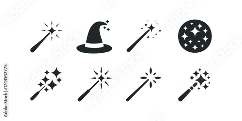 Collection of Magic Wand and Witch Hat Icons with Sparkles