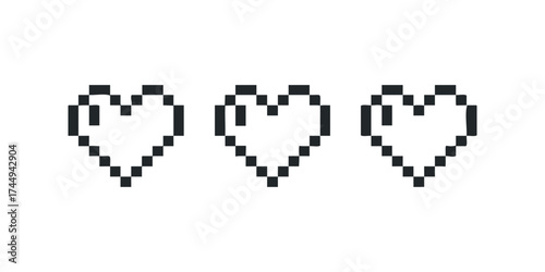 Three pixelated hearts arranged horizontally