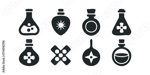 Collection of eight black potion bottle icons on white