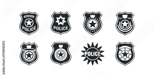 Collection of police badge icons with stars and shields