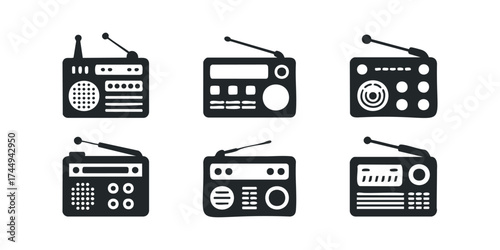 Six vintage radio icons with antennas and controls
