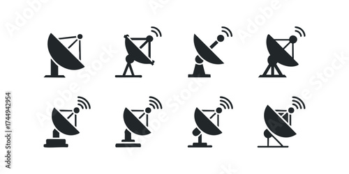 Set of various satellite dish icons for communication and signal reception