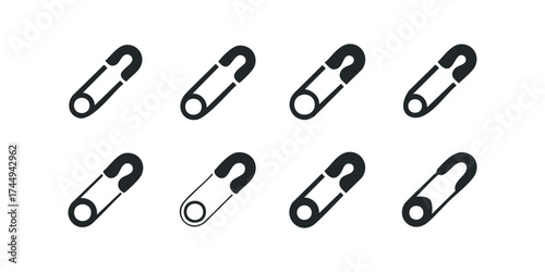 Set of eight safety pin icons black silhouette