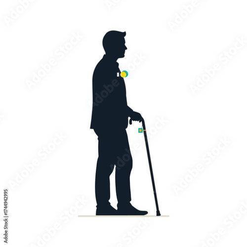 Silhouette of an elderly man with a walking cane, representing aging, retirement, and mobility challenges. Vector illustration on a white background
