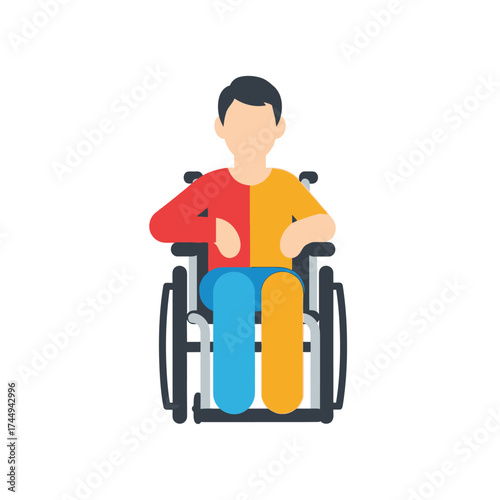 Contemporary graphic illustration depicting an individual in a wheelchair, representing themes of accessibility, independence, and inclusive community support through a stylized, colorful design