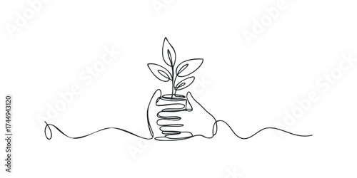 Continuous line drawing of hands nurturing a seedling