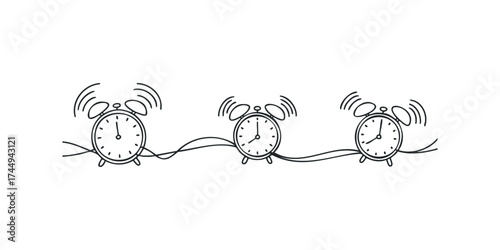 Three vintage alarm clocks ringing with wavy lines