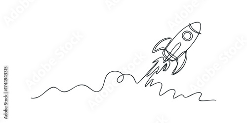 Single line drawing of a rocket ship ascending with flames