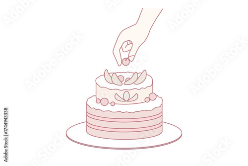 Person decorate cake with fruits. Chef preparing homemade delicious pie. Dessert and confectionary. Flat vector illustration.