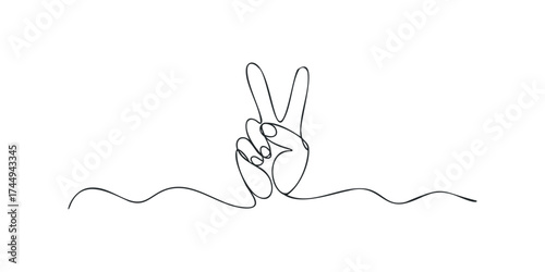 Hand gesture V sign continuous line drawing