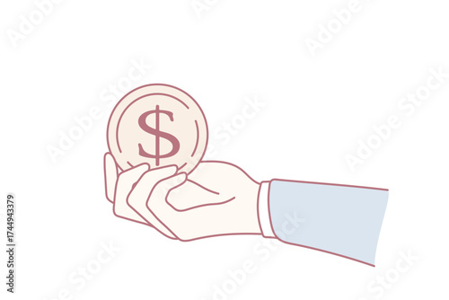Wealth and financial stability concept. Hand of businessman in suit holding huge golden coin over blue background vector illustration