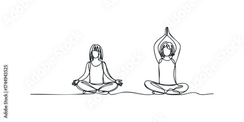 Two figures practicing yoga in a minimalist line style