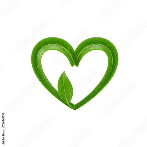 Green Leaf Heart Shape on Black Nature's Love and Environmental Care Symbol