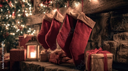 Close-up of red stockings hanging over a rustic fireplace, with wrapped gift boxes and soft candlelight illuminating the Christmas tree in the background.