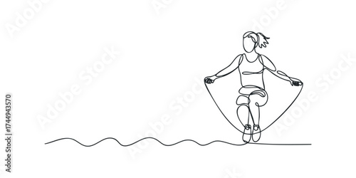 Single line drawing of a woman jumping rope