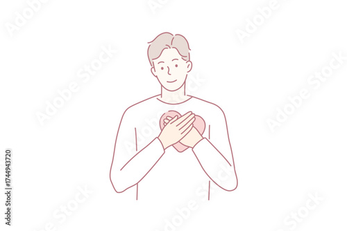 Love tenderness and care concept. Young smiling man cartoon character standing embracing big red heart over heart place vector illustration