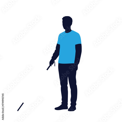 Silhouette of a person holding a stick, standing on a white background, with a dropped object.