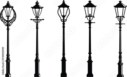 Vintage street lamp silhouettes, ornate decorative lanterns, retro outdoor lighting design, classic urban lamp posts, historical architecture illumination, elegant black vector illustration