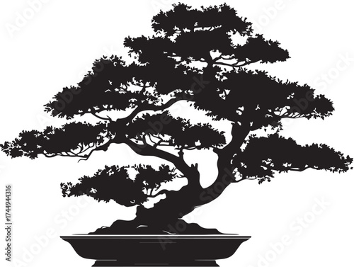 Decorative ornamental bonsai tree in a solid black graphic