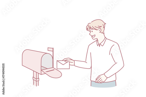 Sending post letter service concept. Young smiling man cartoon character standing putting envelope with letter into red post office box vector illustration