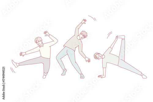 Smiling boys children dancing together. Happy guys have fun engaged in dancer activities. Hobby and entertainment concept. Vector illustration.