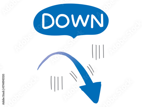 右下に下降する手書きの青い矢印とDOWNの文字