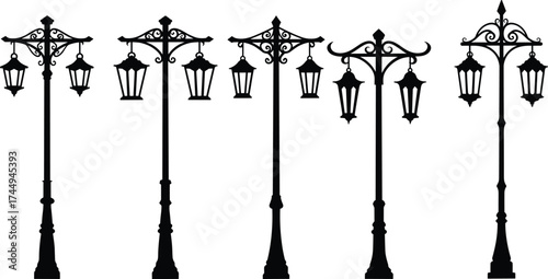 vintage, street, lamp, silhouette, lantern, ornate, decorative, pole, scrollwork, urban, outdoor, illumination, electricity, architecture, design