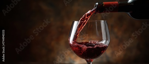 The wine glass filled with red wine pouring from a bottle in dramatic lighting