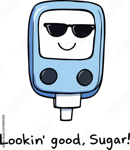 Funny cartoon blood glucose meter vector with sunglasses and positive caption for diabetes awareness and health campaigns