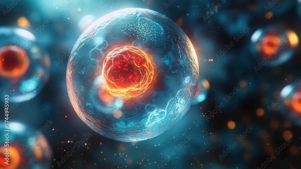 custom made wallpaper toronto digitalA highly detailed 3D illustration of glowing human cells with bright red-orange nuclei, floating inside a luminous microscopic environment, complex biological structures, science, medicine, innovation