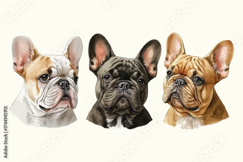 French Bulldog Puppy Dog collection Cute Pet Illustration set of Animal Clipart on isolated background
