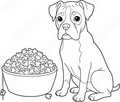 Adorable Boxer Puppies Coloring pages Set with  Toys, and Popcorn for Kids' Coloring Fun.