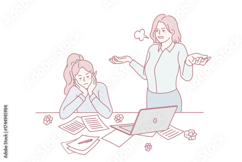 Furious boss stressed with employee unproductive work in office. Angry businesswoman unhappy with lazy worker at workplace. Vector illustration.