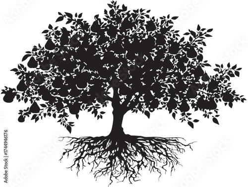 Decorative Pear Tree with Natural Roots 2D Vector Silhouette Art