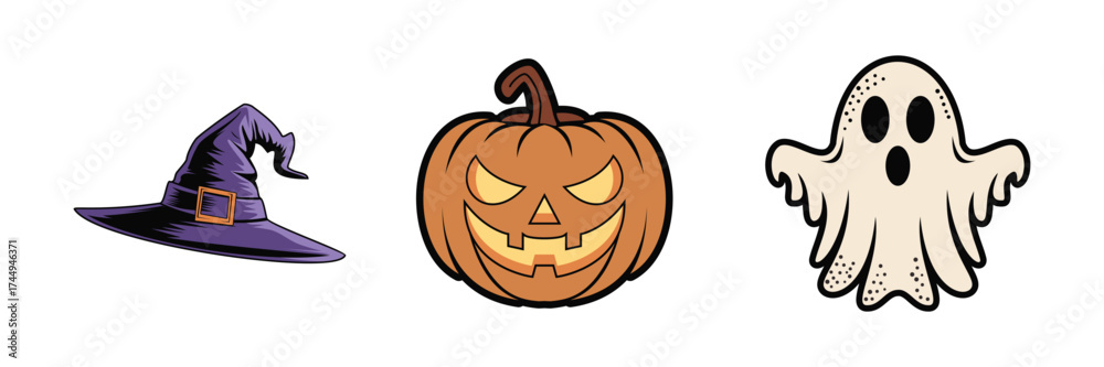 Fototapeta premium Colorful Halloween-themed cartoon illustration showing a witch hat, carved pumpkin, and cute ghost on a white background. Perfect for greeting cards, posters, or seasonal design projects.